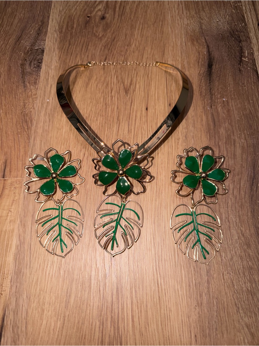 Gold Tone Necklace and Earring Set with Green Flower and Leaf Accents
